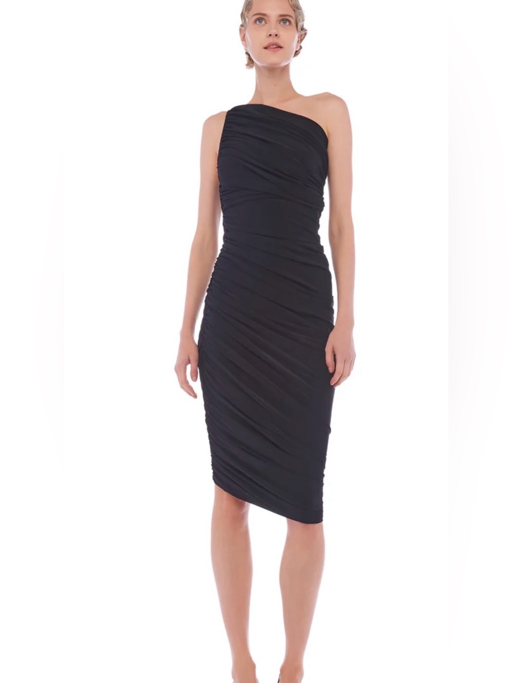 NWT Anthropologie Black One-Shoulder Ruched Midi Dress